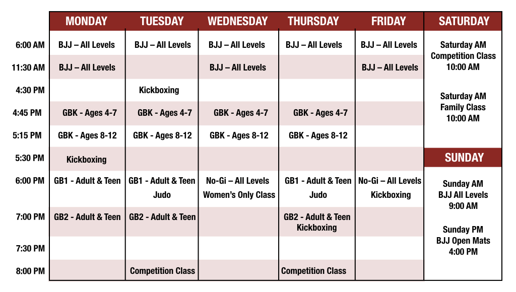 Gracie Barra Training Schedule